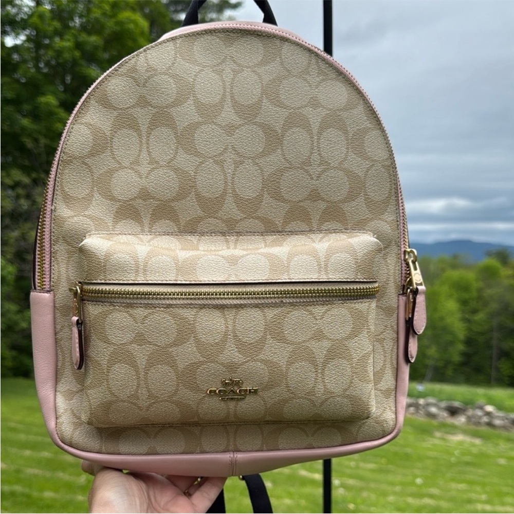 Coach Signature Beige and Pink Backpack